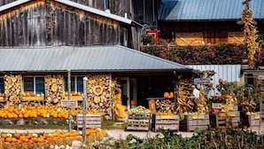 Een rustiek houten gebouw met een puntdak, een veranda met houten kisten, en een bordje dat een boerderijwinkel aangeeft.