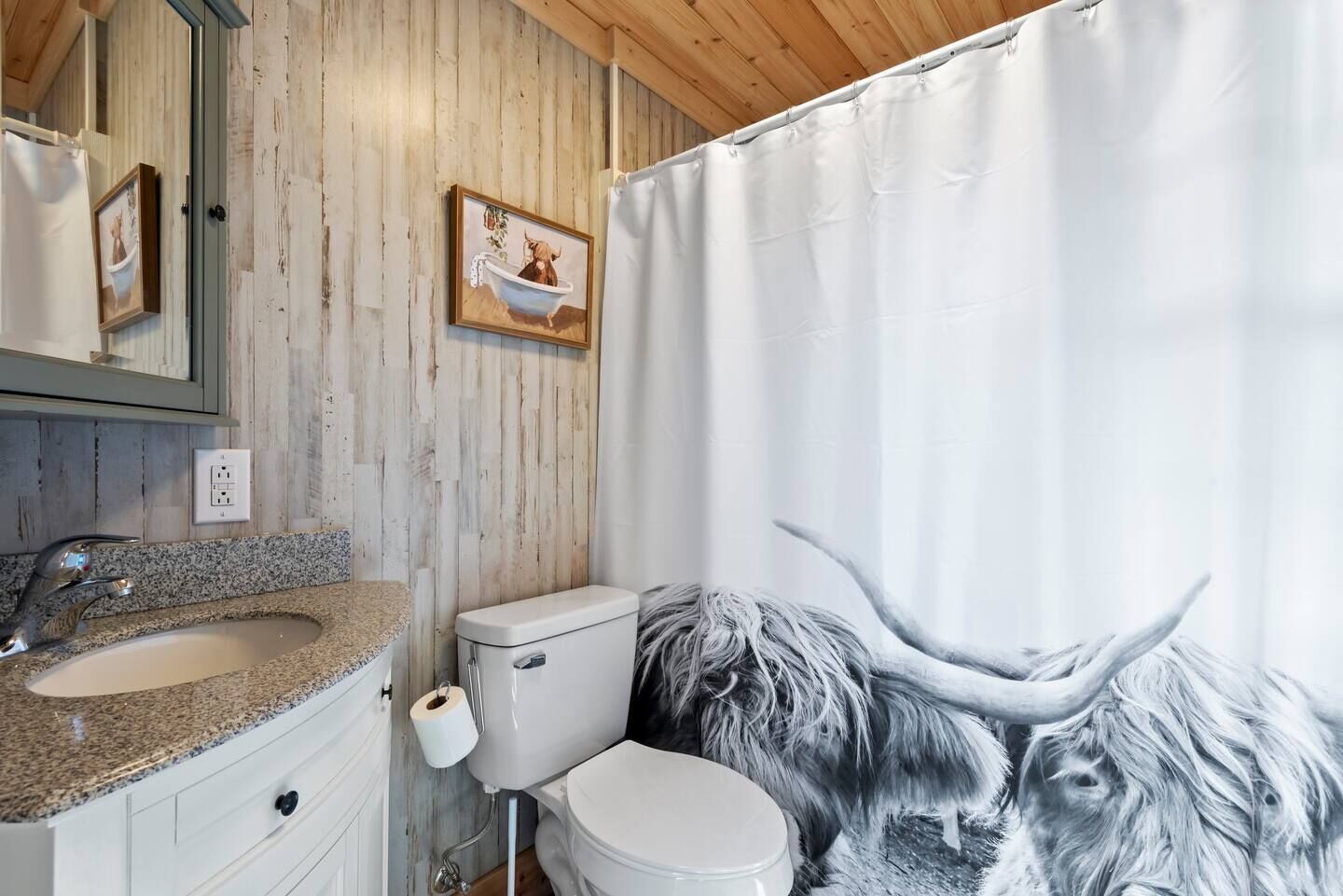 A bathroom with a wooden wall, a granite countertop sink, a toilet, and a shower curtain.