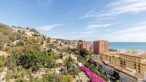 A coastal town with residential buildings, a beach, and a clear sky.