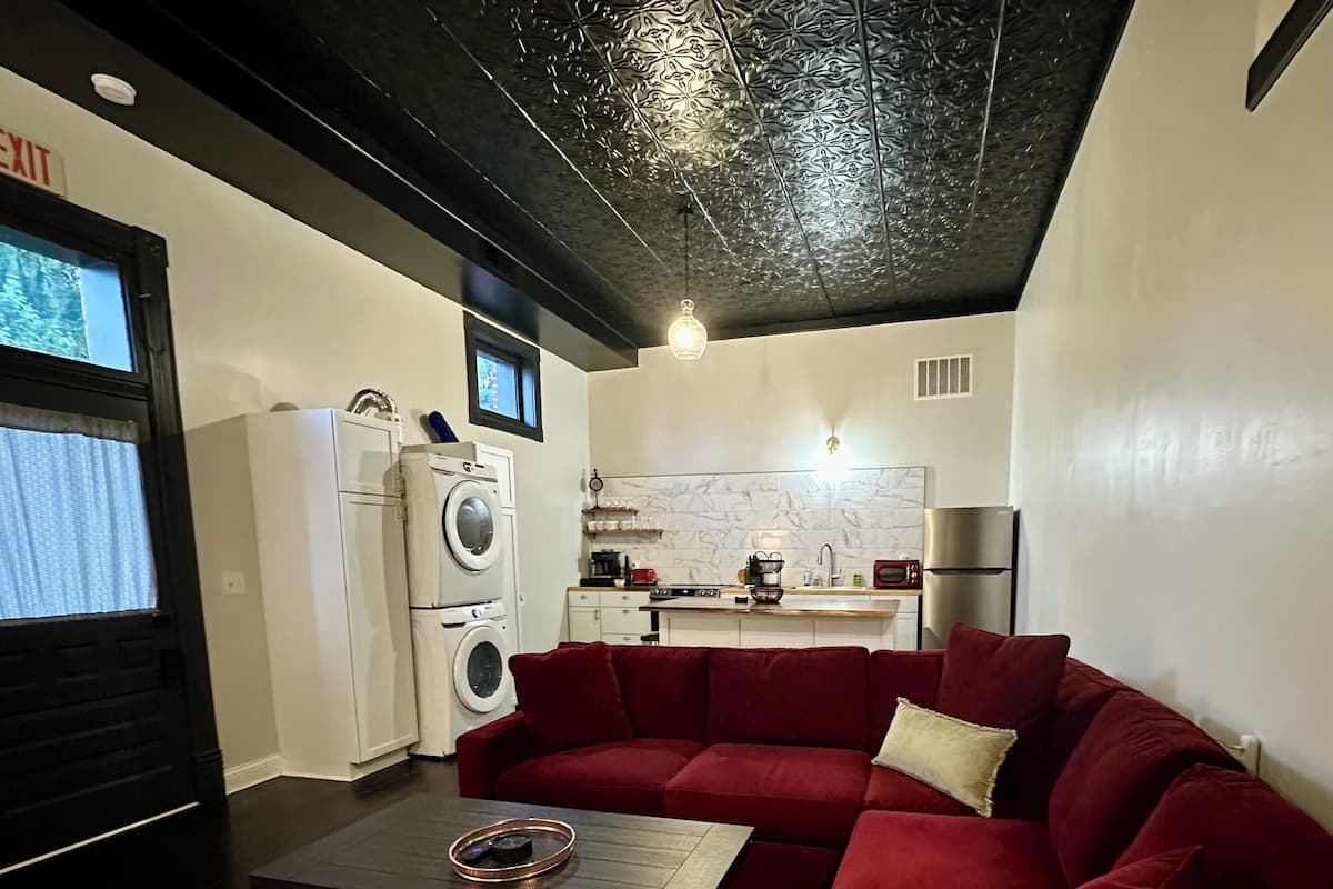 A compact living space with a red sofa, a small dining table, a washing machine, a compact kitchen with a microwave, and a ceiling with a decorative pattern.