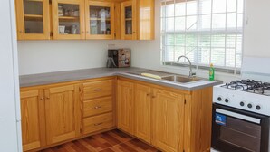 Une cuisine de taille réduite, avec des meubles de rangement en bois, un évier encastré et une cuisinière à gaz.