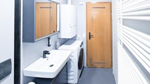 Hair dryer, towels, soap, shampoo