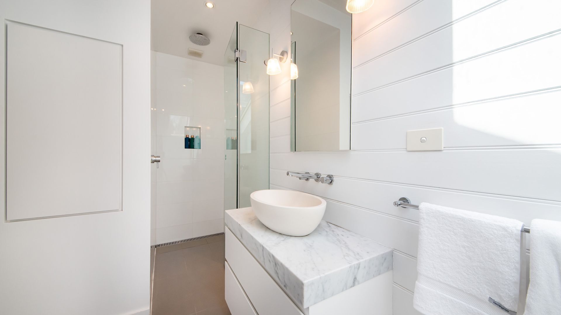 Shower, hair dryer, towels