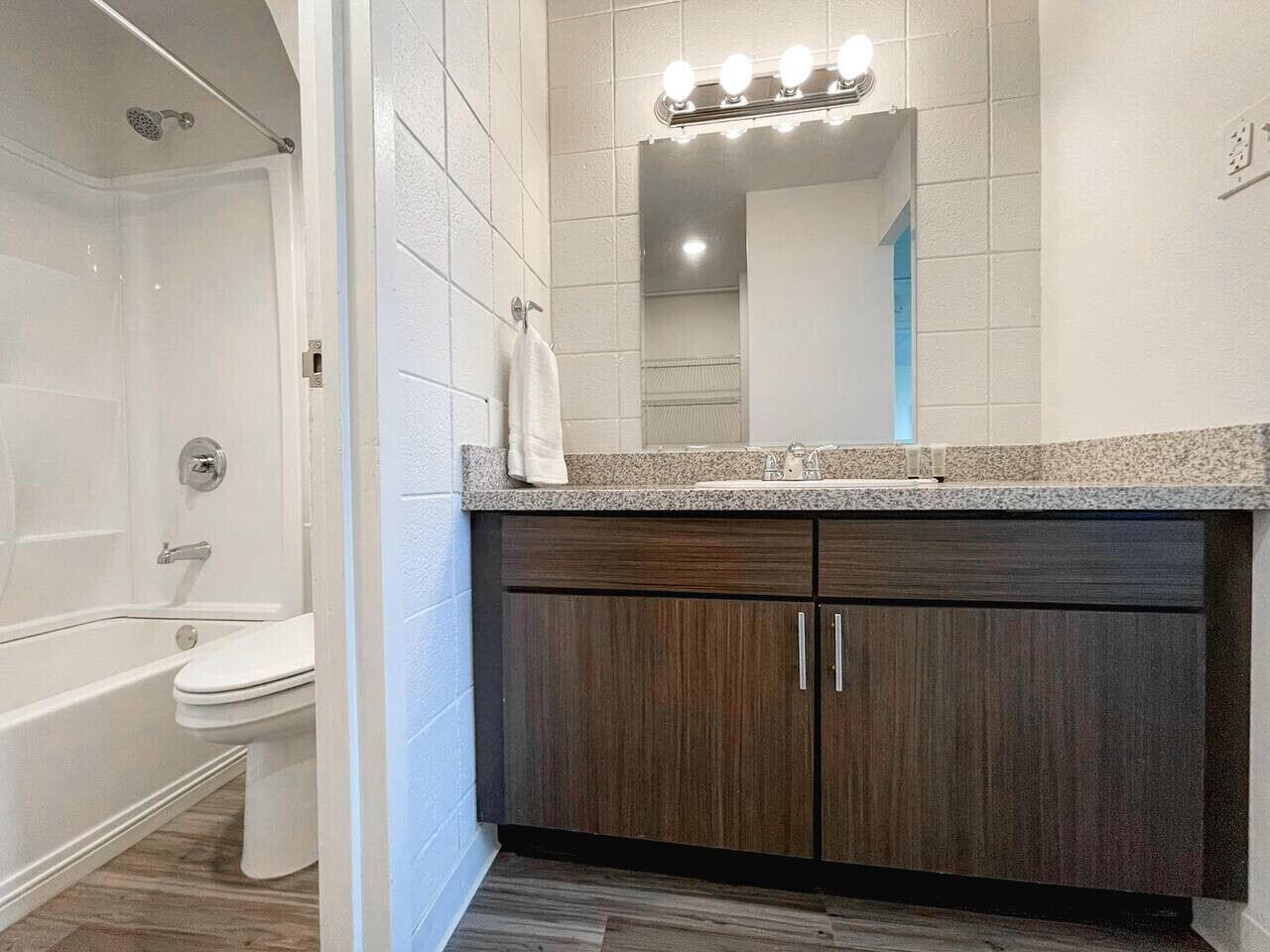 Hair dryer, towels, soap, shampoo