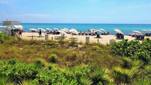 A beach with sun umbrellas, lounge chairs, and a clear view of the ocean. - Fontain Miami Beach - Bayview Condo - We Host (Miami Beach)