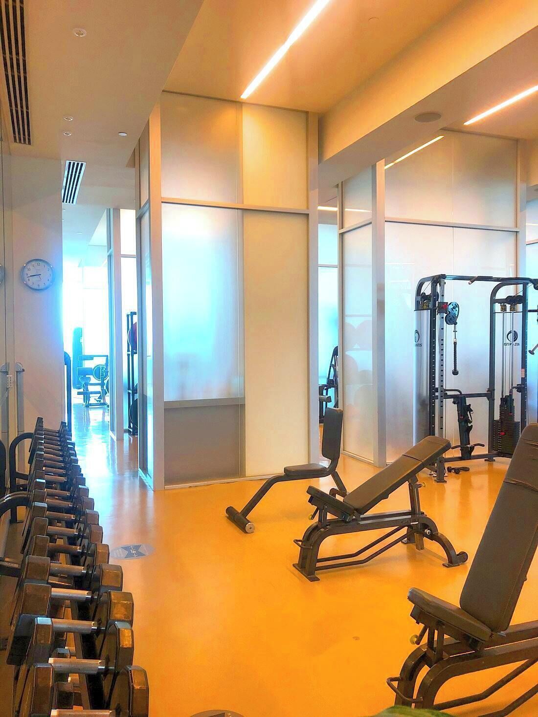 A gym with exercise equipment, a bench, and a row of dumbbells.