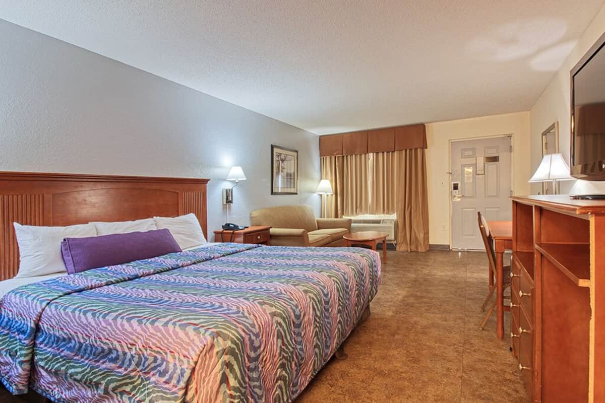 A hotel room with a large bed, a desk, a chair, a sofa, and a television.