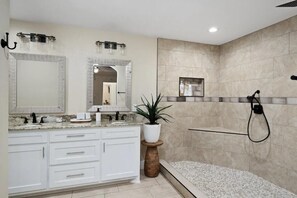 Hair dryer, towels, soap, shampoo