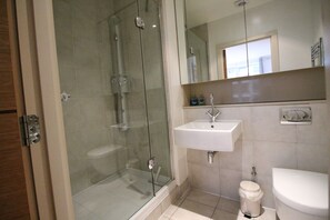 Douche, séchoir à cheveux, bidet, serviettes fournies