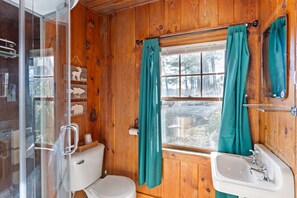Une salle de bain rustique, aménagée dans une cabane en bois, avec des toilettes, un lavabo et une douche.