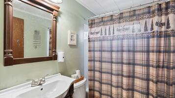 A bathroom with a white sink, a mirror, a toilet, and a plaid shower curtain.
