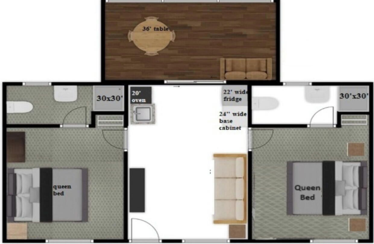 A 2-bedroom apartment layout with a 36' table, 30'x30' oven, 20' fridge, 22' wide base cabinet, and two queen beds.