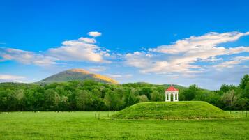 A green field with a white gazebo and a hill in the background.