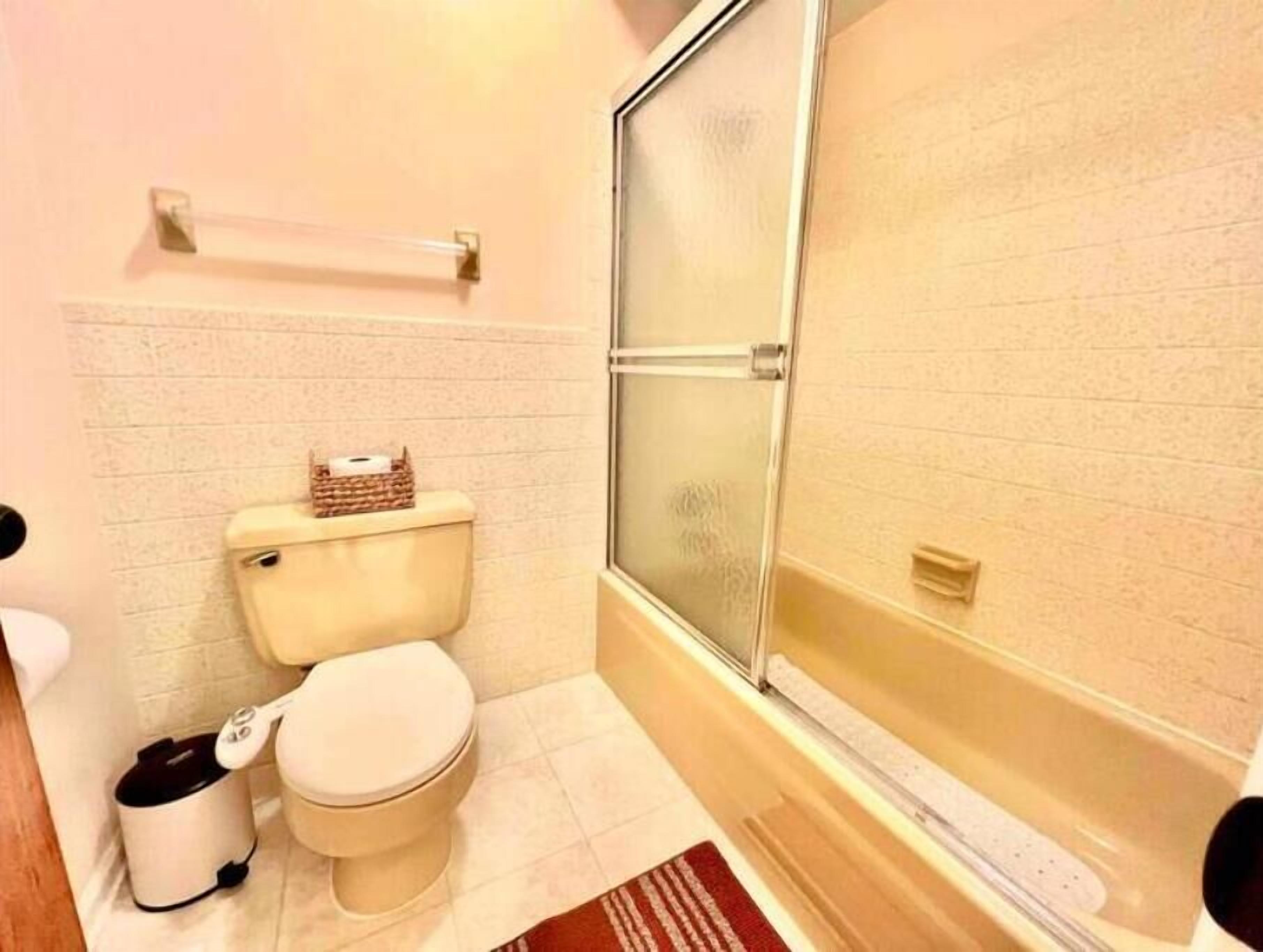 Hair dryer, towels, soap, shampoo