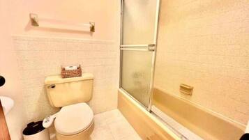 Hair dryer, towels, soap, shampoo