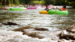 Des personnes flottant sur l’eau, à l’intérieur de bouées.