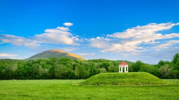 Um campo verde com um coreto branco e uma colina ao fundo.