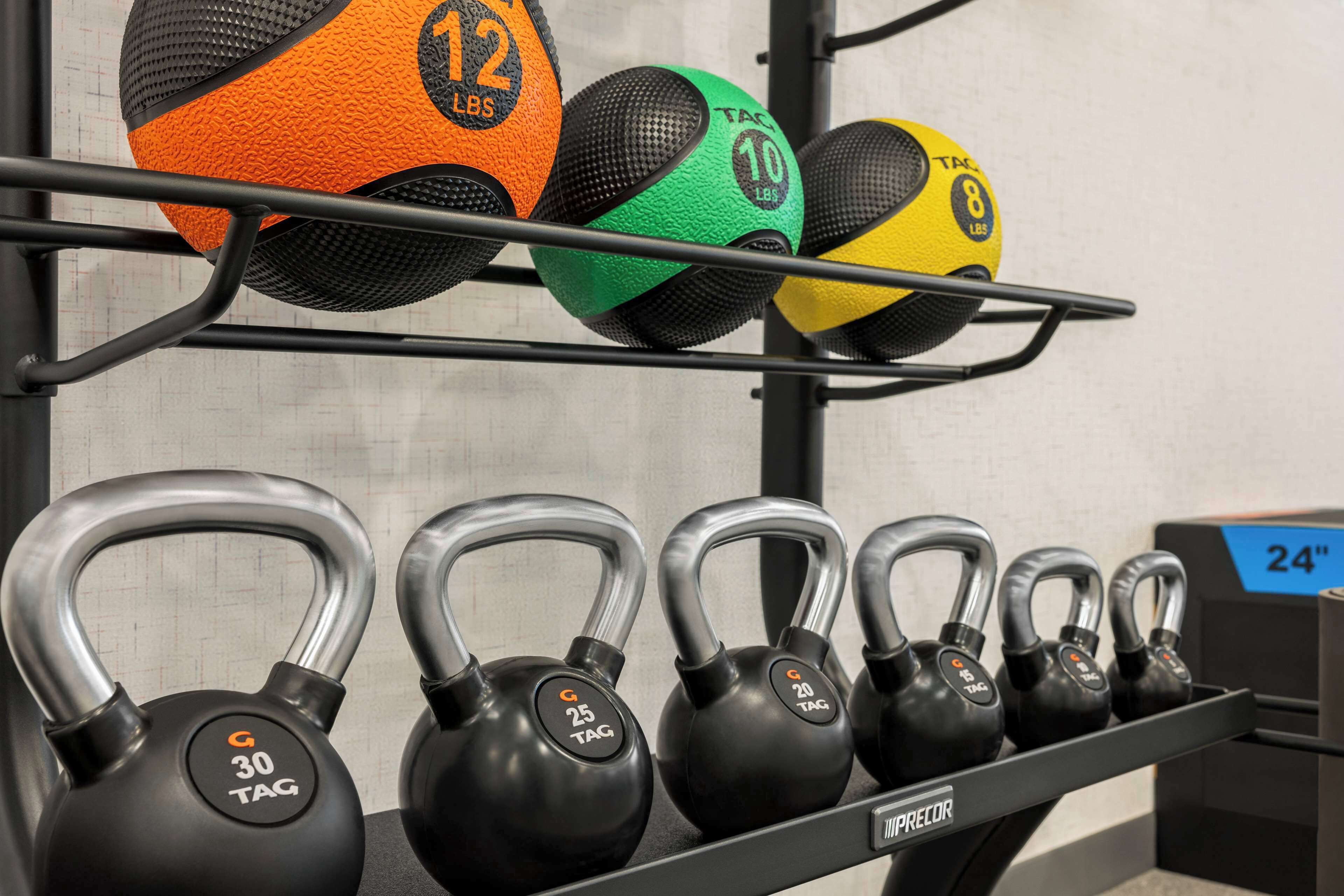 Um suporte com equipamentos de exercícios, incluindo halteres e bolas medicinais.