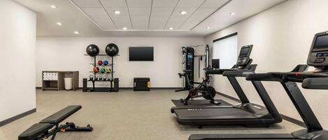 A gym with treadmills, a bench, and various exercise equipment.