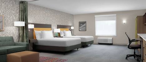 A hotel room with two single beds, a sofa, a desk, and a chair.