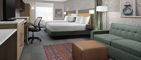 Een hotelkamer met een bed, een bureau, een televisie, een bank en een kamerbreed tapijt.