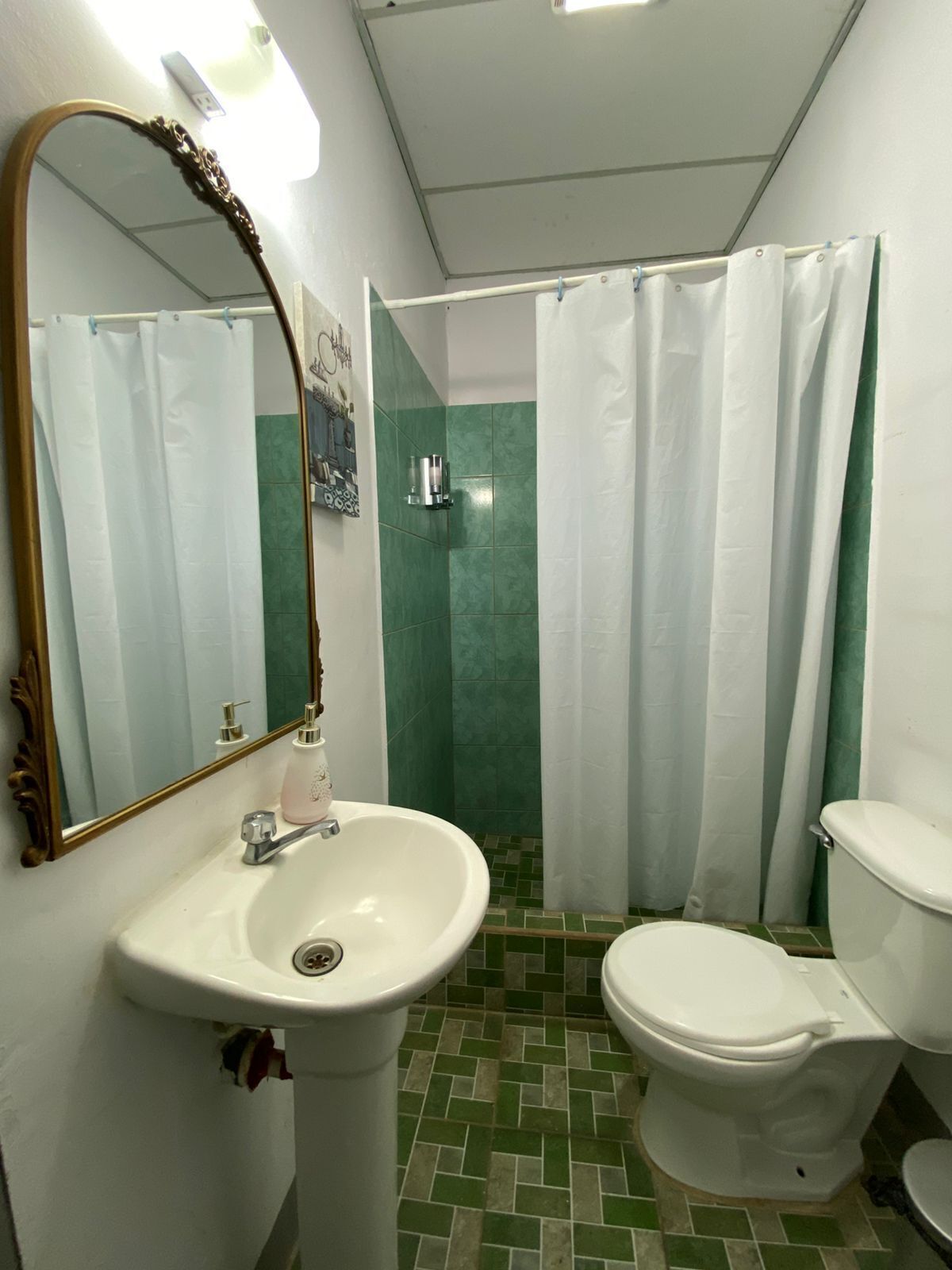 A bathroom with a white sink, a toilet, a shower curtain, and a mirror.