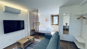 Una sala de estar moderna con un televisor de pantalla plana, un sofá, una mesa de centro de madera y una alfombra estampada.