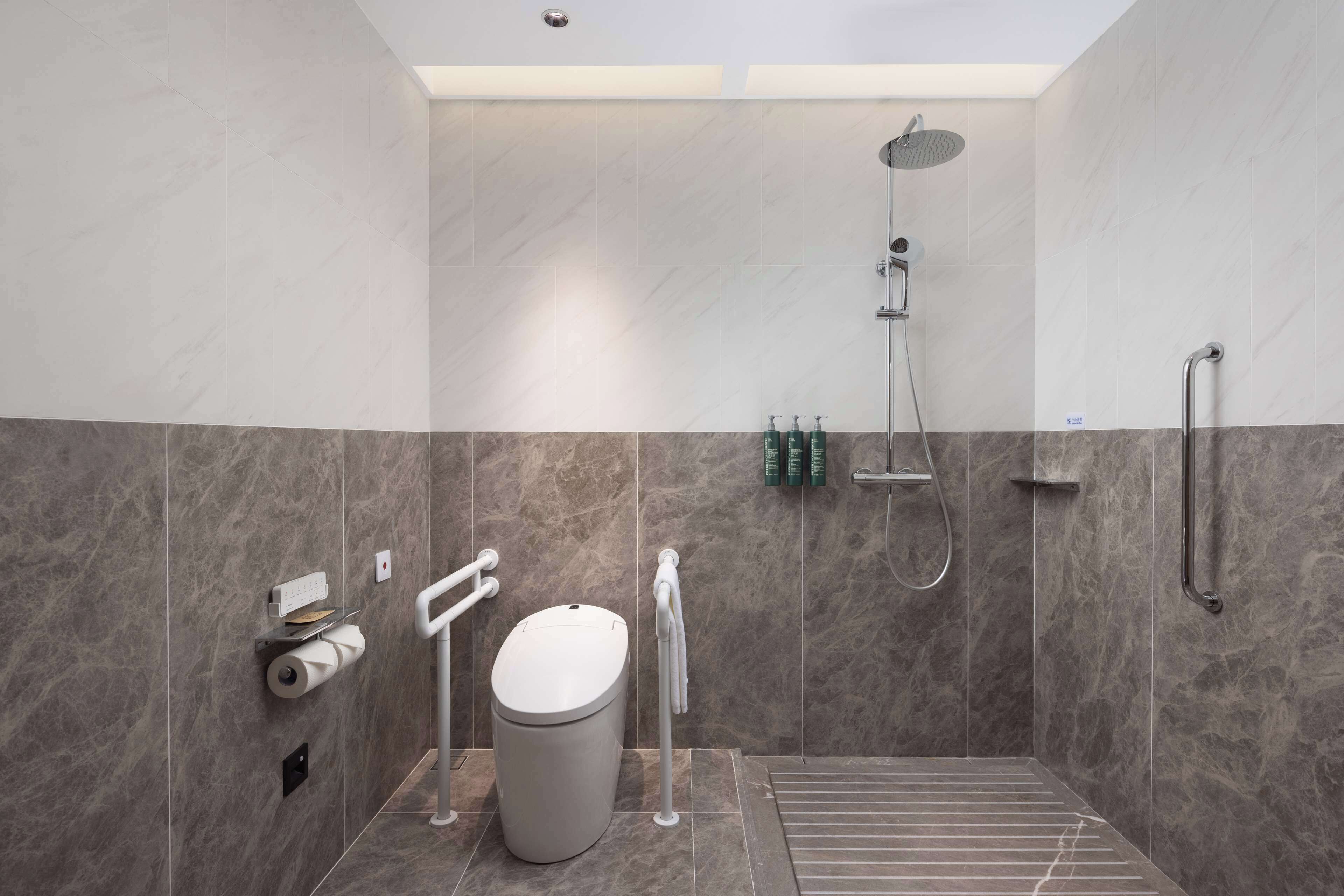 A modern bathroom with a shower, toilet, and handrails.