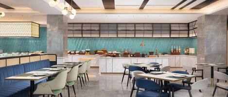 A modern restaurant with a central bar, seating areas, and a teal-colored wall.