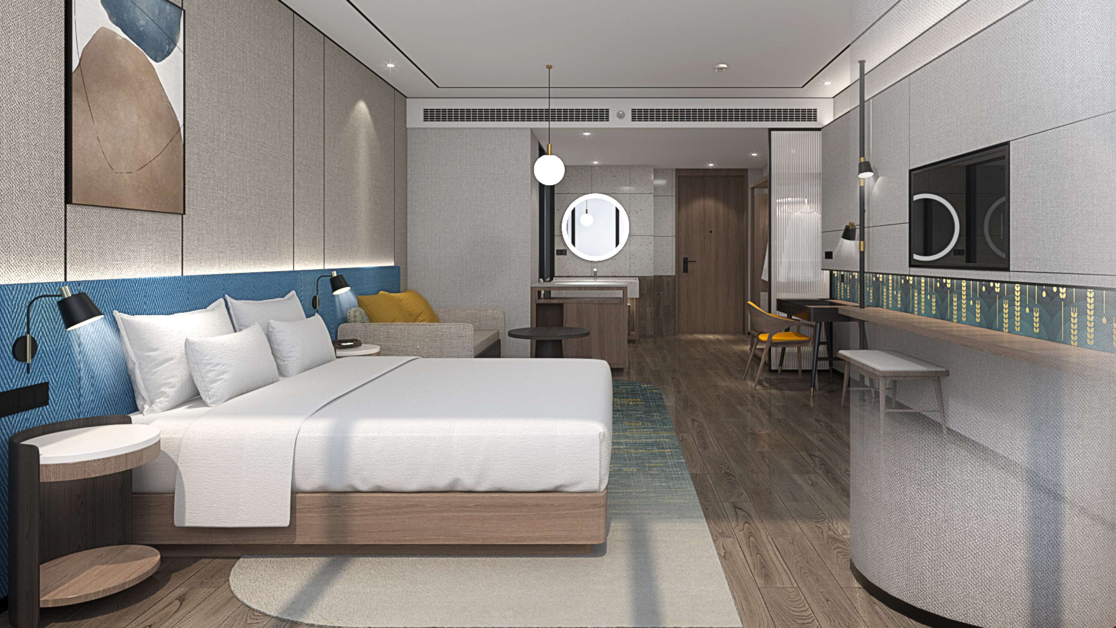A modern hotel room with a large bed, bedside tables, a desk, and a mirror.