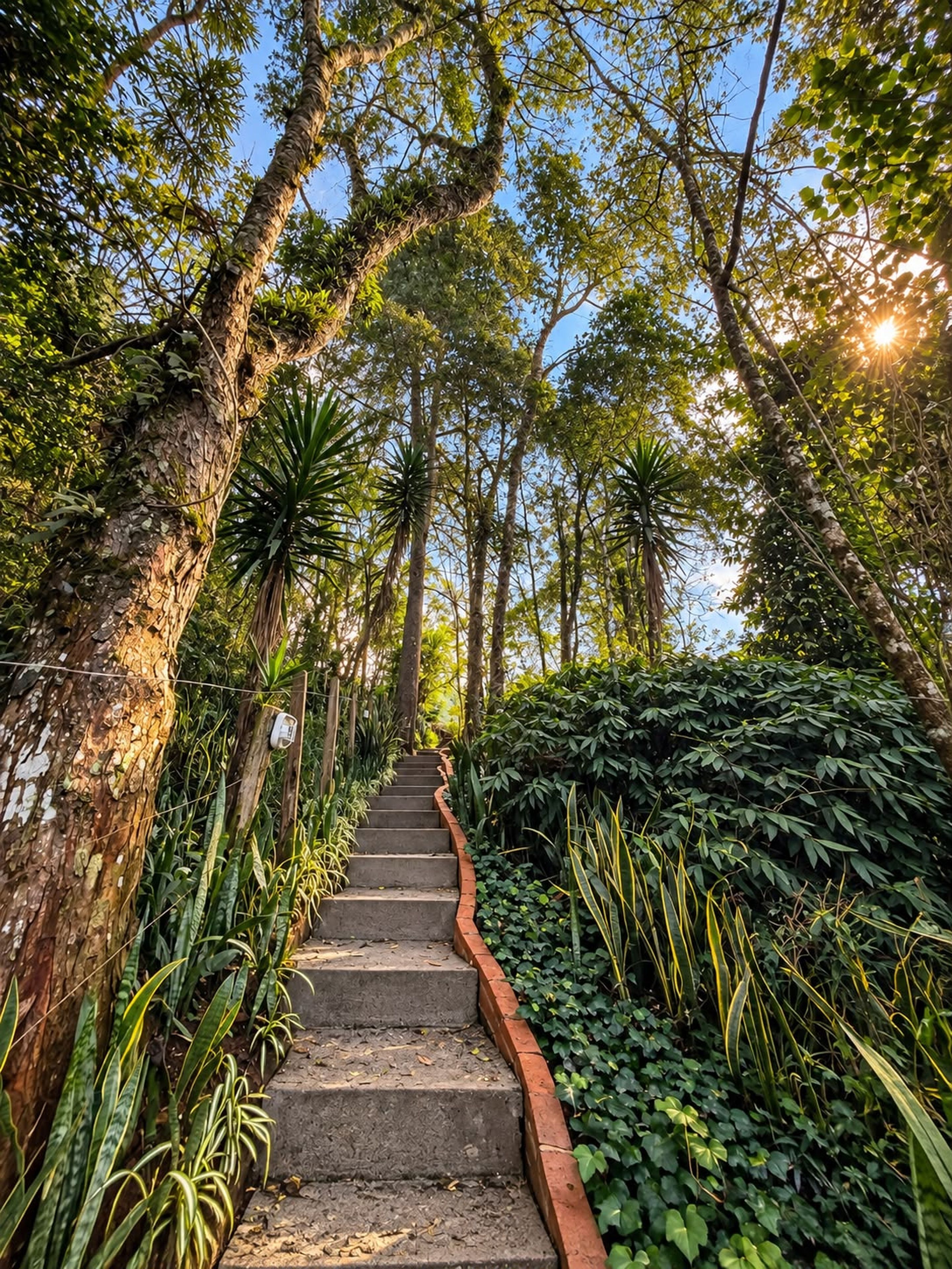 A staircase surrounded by dense foliage leading up to a higher elevation.