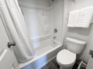 Hair dryer, towels, soap, shampoo