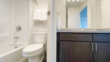 Hair dryer, towels, soap, shampoo