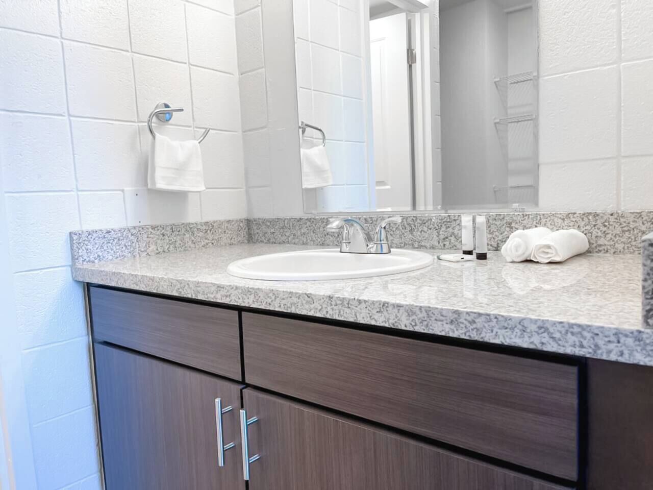 Hair dryer, towels, soap, shampoo