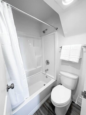 Hair dryer, towels, soap, shampoo