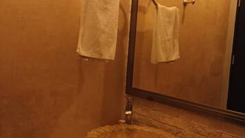 Un baño con un lavabo redondo, dos toallas colgadas en aros, un espejo y una pequeña planta en maceta sobre el mostrador.