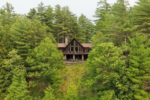 Une cabane entourée d’une forêt dense.