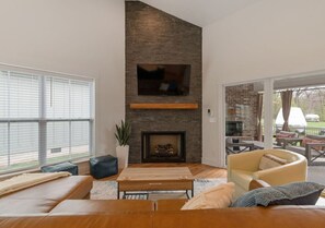 TV, fireplace, table football