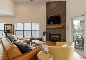 TV, fireplace, table football