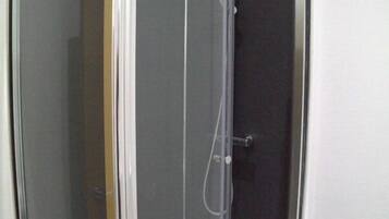 A glass-enclosed shower stall with a white door, a showerhead, and a handheld shower attachment.