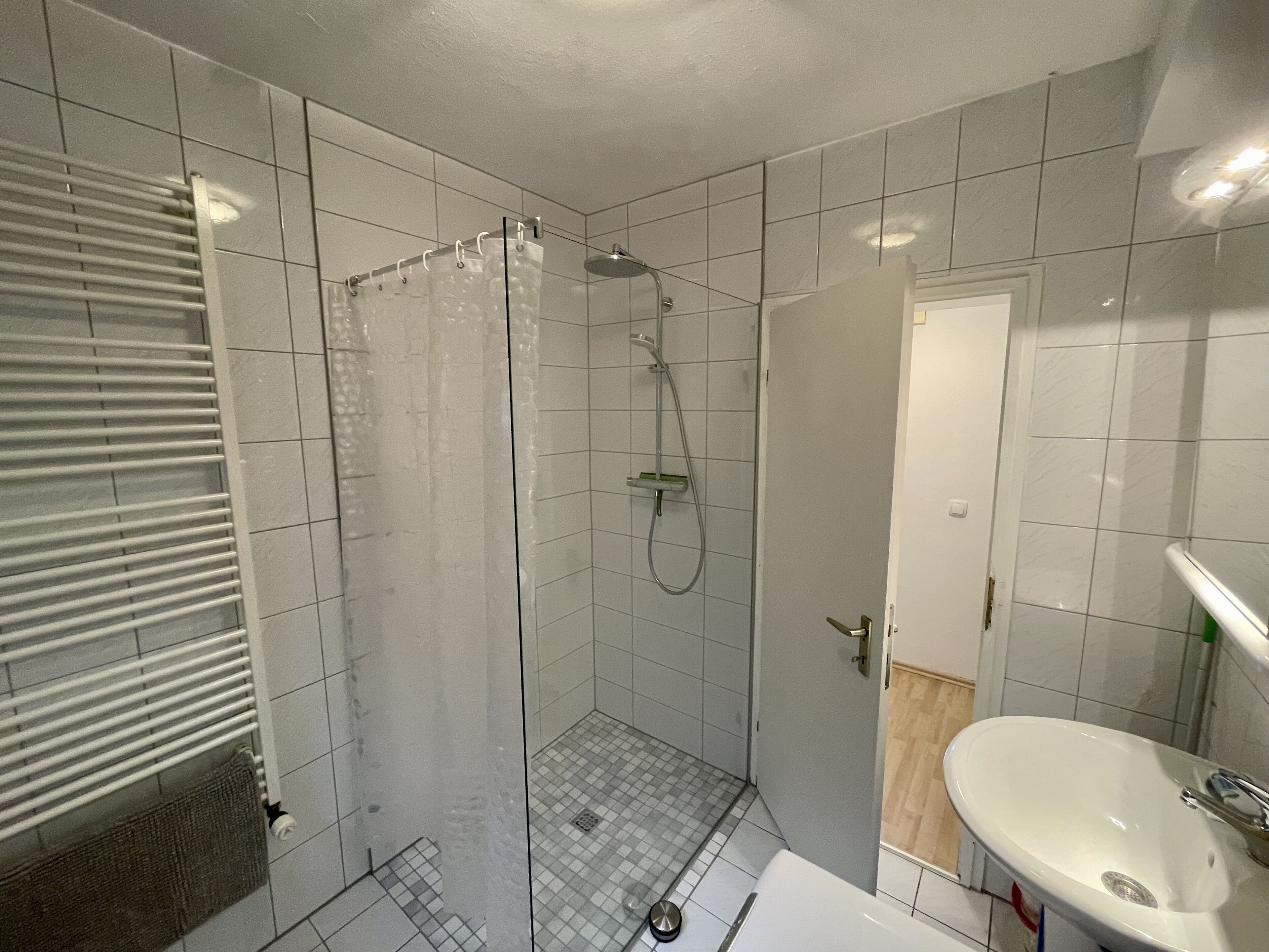 Shower, towels, soap, toilet paper