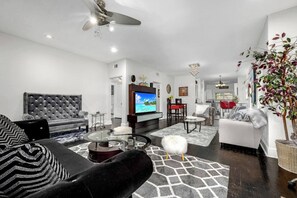 Télévision, cheminée, espaces bureaux