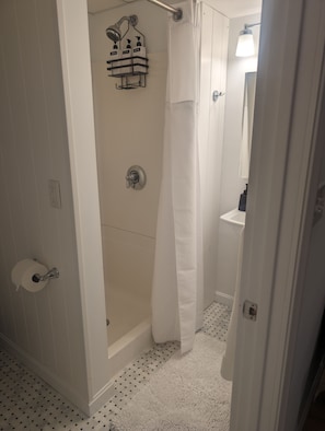 Dusche, Haartrockner, Handtücher, Seife
