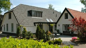 Een huis met twee verdiepingen, een schuin dak, een overdekte veranda en een tuin met verschillende planten en bloemen.