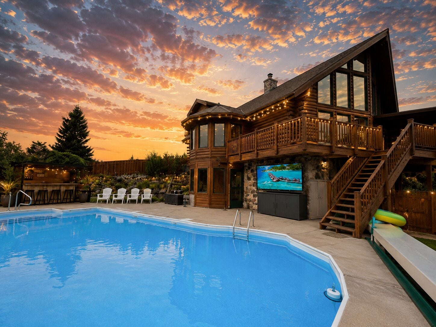A pool area with a wooden deck, lounge chairs, and a TV screen.