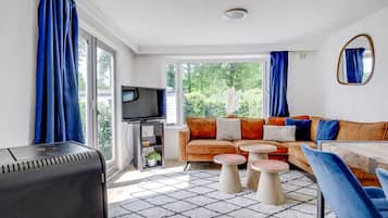 Una televisión, una chimenea