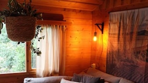 A cozy cabin interior with a sofa, a hanging plant, and a painting on the wall.