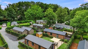 Zona residencial con varias casas, cada una con un estilo arquitectónico diferente, rodeada de exuberante vegetación y árboles.