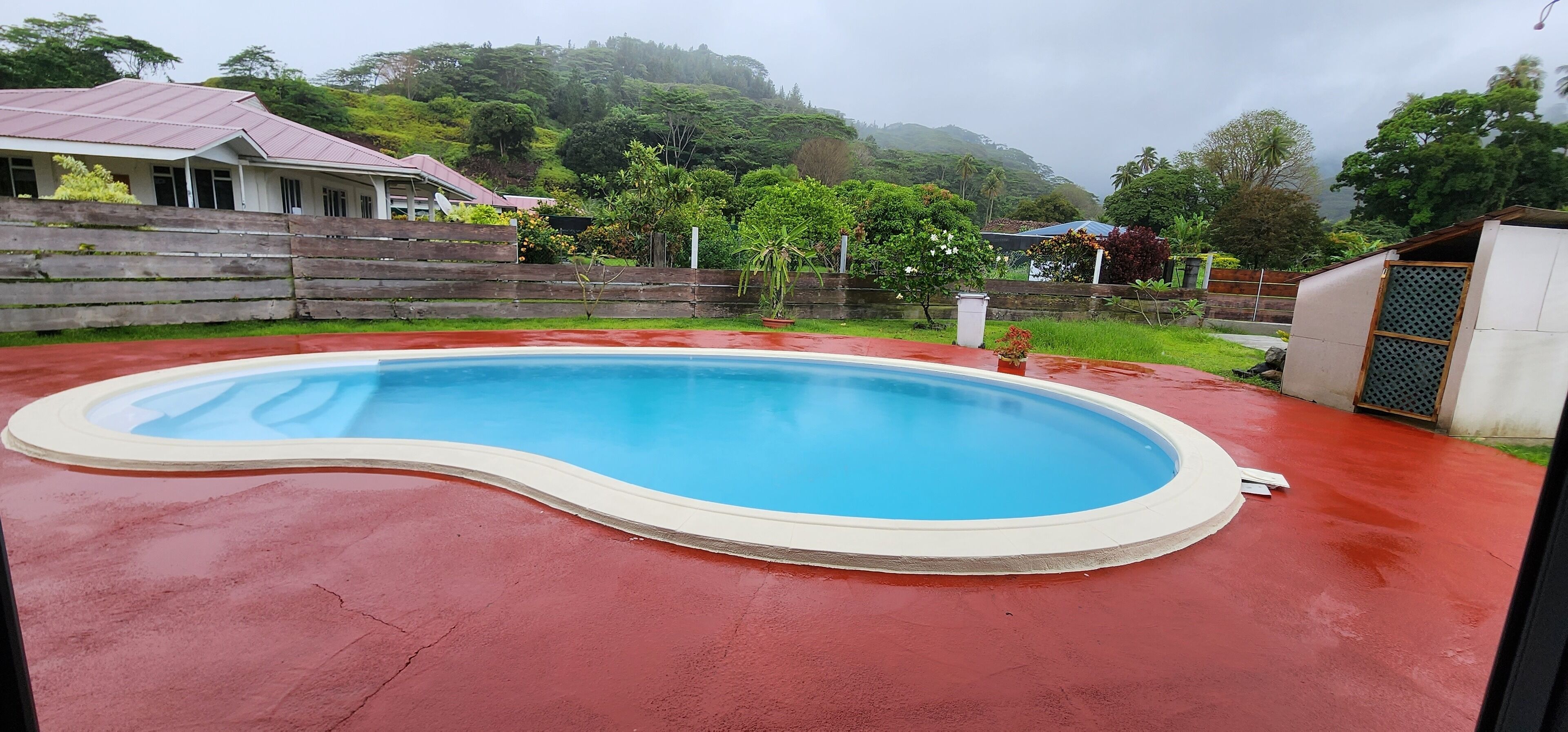 A swimming pool with a red deck, surrounded by a wooden fence and lush greenery.
