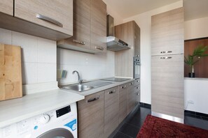 Fridge, oven, stovetop, cookware/dishes/utensils